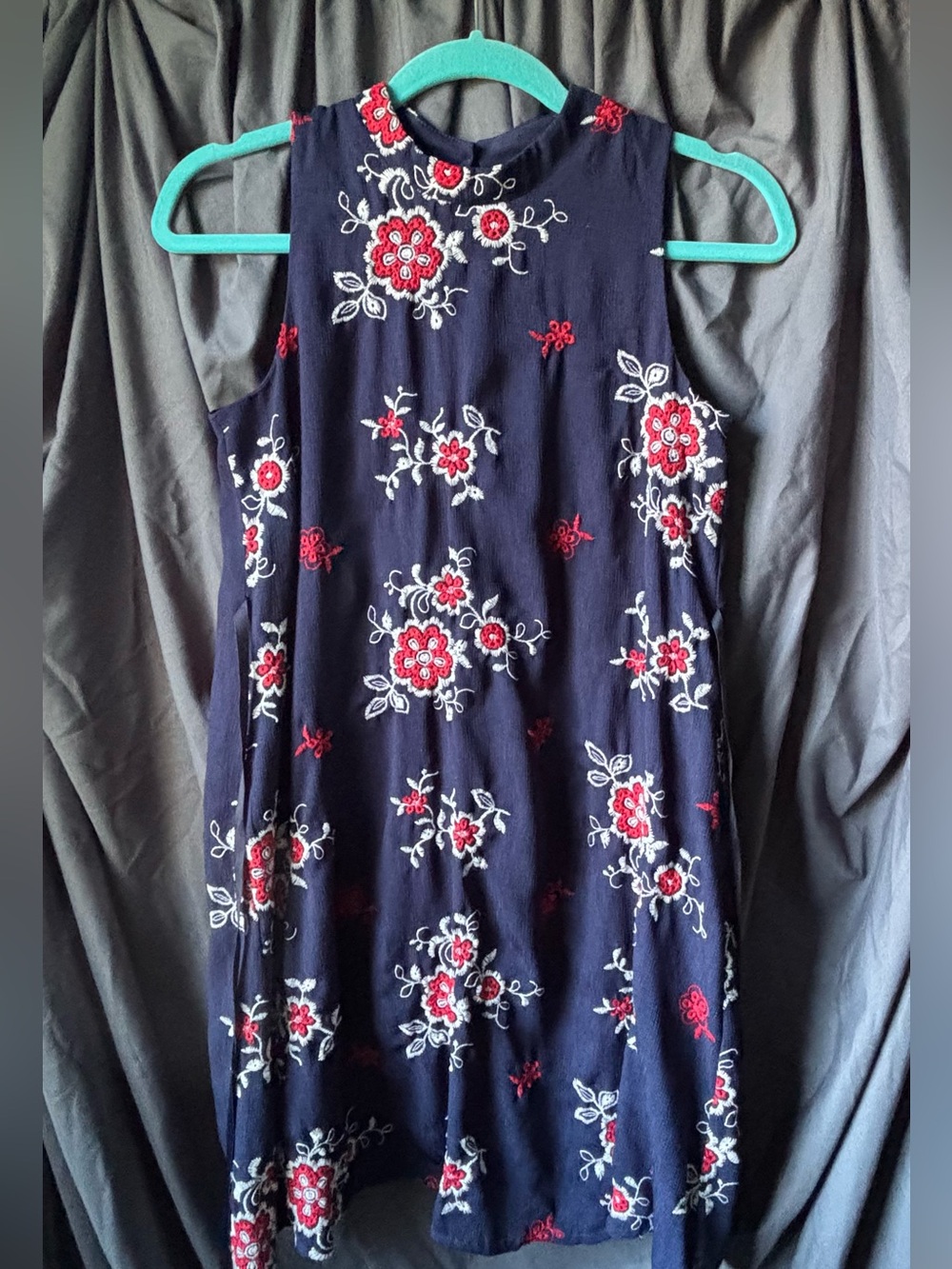 Vintage Speechless Blue Dress with Embroidered Red Flowers
